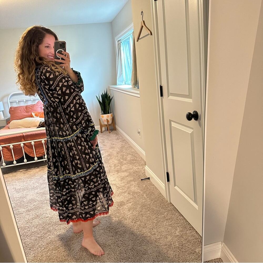 Warm NY Black Ikat Colorful Block Printed Long Sleeve Maxi Dress Small - Picture 4 of 14